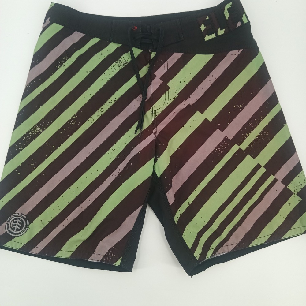 Element Mens Striped Surf Board Shorts Size 34 Green Brown embroidered Logo